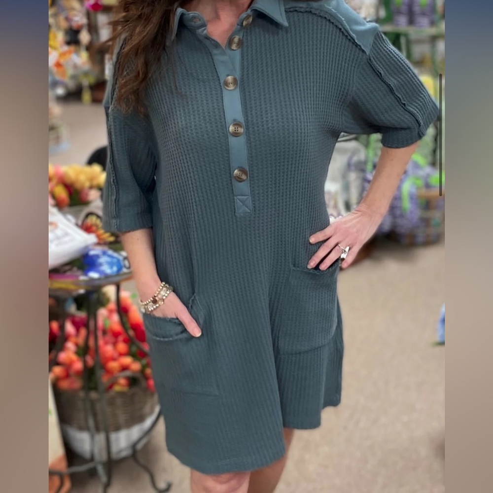 Zenana Outfitters Teal Waffle Half-Button Deess with Pockets